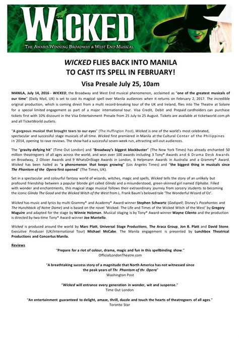 ‘Wicked’ back in Manila Feb. 2017, discounted Visa presale .